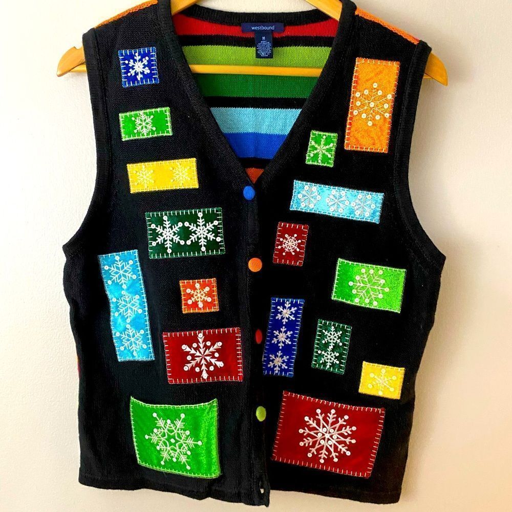 Vintage Westbound Women's M Black Christmas Sweater Vest Snowflake Pattern